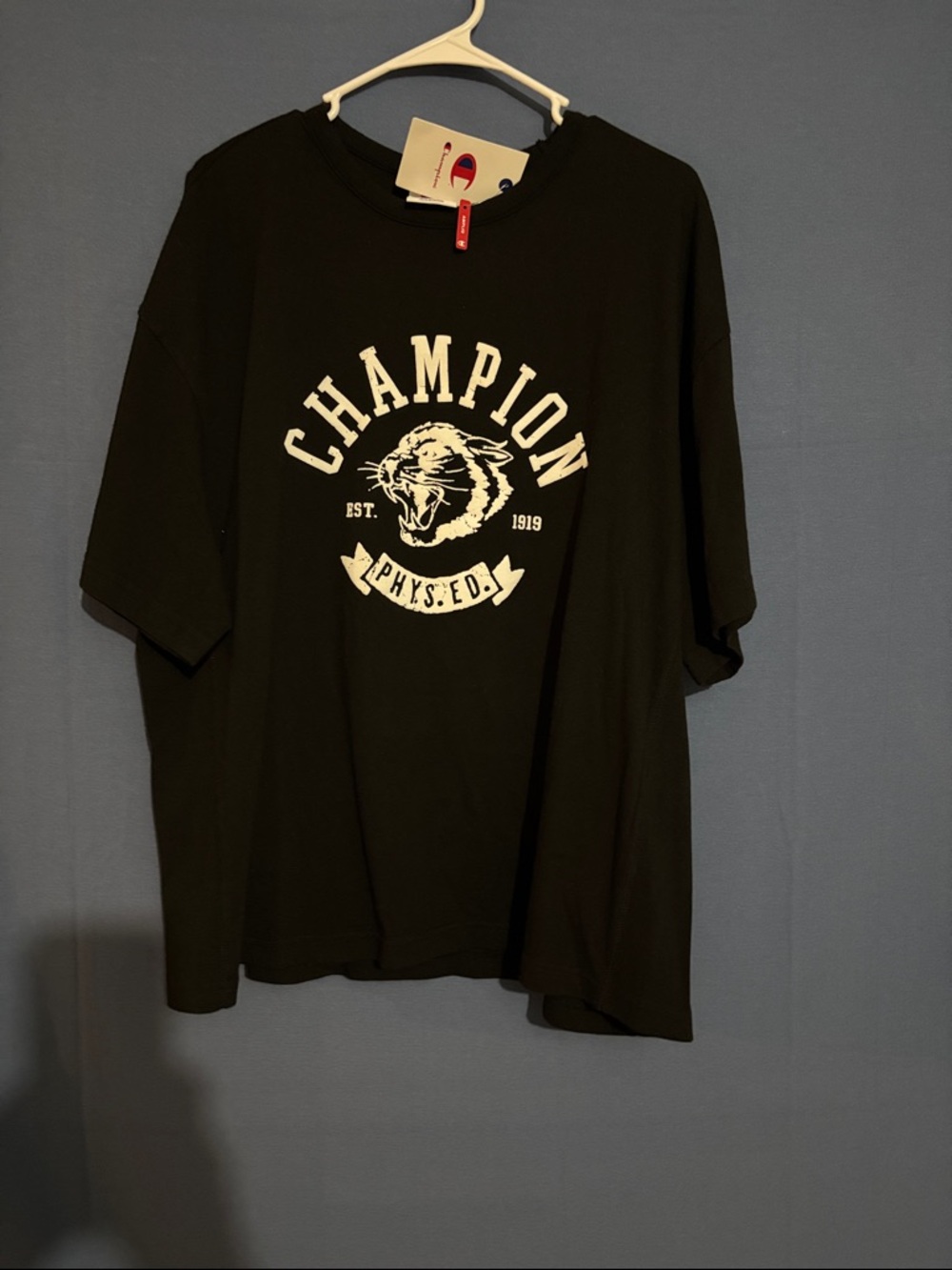 Champion Black Short Sleeve Tee with White Graphic Tiger Logo